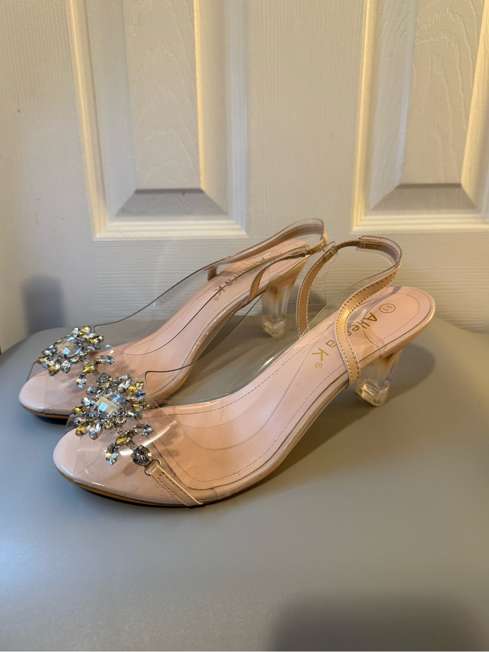 Allegra K Clear Rhinestone Slingback Heels Beige Size 9.5
